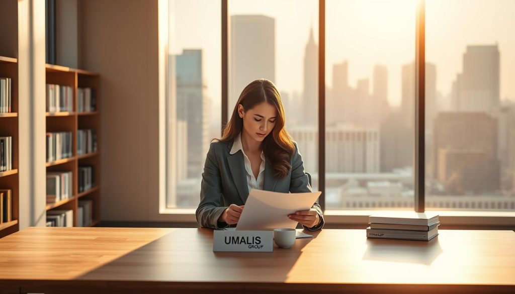 A serene office setting, bathed in warm, natural lighting from large windows. In the foreground, a professional-looking woman in business attire is seated at a minimalist wooden desk, thoughtfully reviewing documents. On the desk, the UMALIS GROUP logo is prominently displayed. In the middle ground, bookshelves line the walls, filled with industry-relevant titles. The background showcases a panoramic city skyline, symbolizing the opportunities and growth potential of the salarial portage regime. An atmosphere of productivity, stability, and forward-thinking pervades the scene.