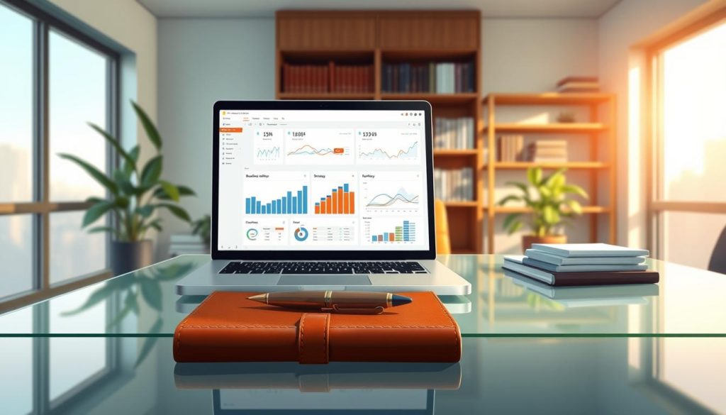 A serene office setting, bathed in warm, natural lighting that filters through large windows. On a sleek, glass-topped desk, a laptop displays a dashboard of insightful business analytics and strategy visualizations. Alongside it, a stack of reports and a pen resting atop a leather-bound notebook. In the background, a bookshelf filled with business strategy volumes and a potted plant adds a touch of greenery. The overall atmosphere conveys a sense of focused productivity and thoughtful contemplation, inviting the viewer to explore the competitive insights available to independent professionals.