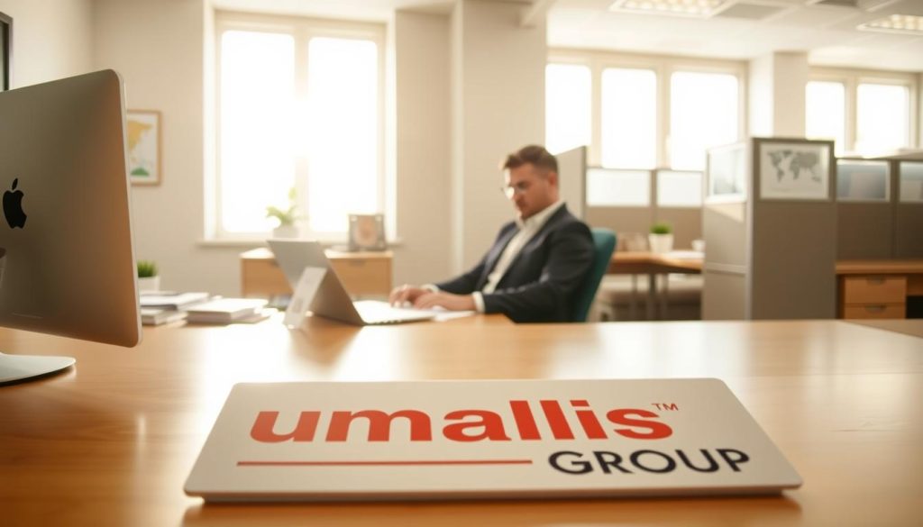 A serene office setting, bathed in warm, natural lighting. In the foreground, a neatly organized desk showcases the "Umalis Group" brand, conveying professionalism and reliability. The middle ground features a person in a suit, representing the independent contractor, deeply engaged in their work, laptop open and papers strewn about. In the background, a contrast is drawn, with a traditional office cubicle setup, symbolizing the limitations of traditional employment. The mood is one of tranquility and focus, highlighting the advantages of the "portage salarial" model over other independent statuses.