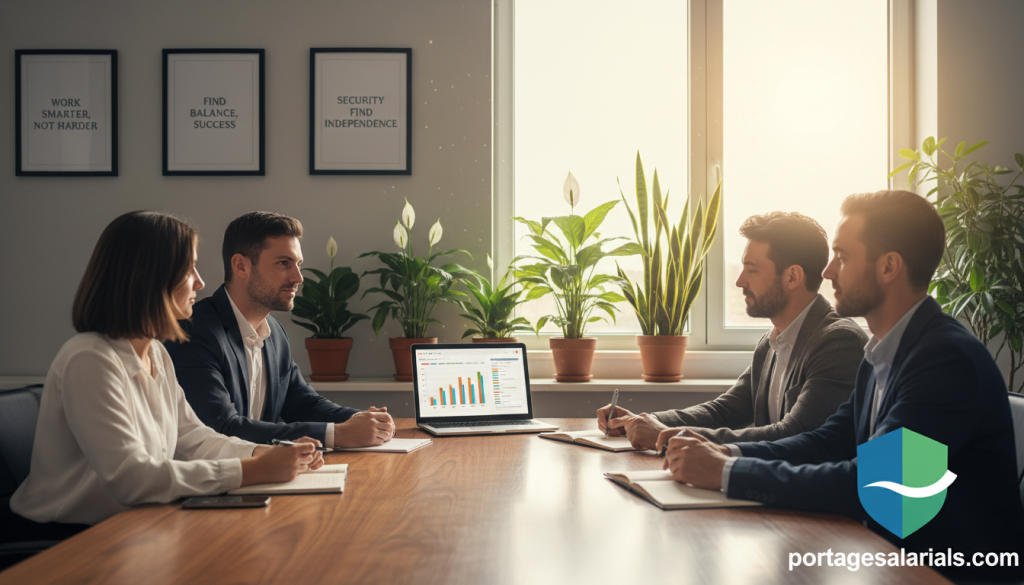 A serene office setting depicting the concept of "portage salarial et sécurité." In the foreground, a diverse group of professionals in smart business attire, engaged in a thoughtful discussion around a modern conference table, showcasing teamwork and collaboration. In the middle ground, visual elements representing stress management—calming plants, a laptop displaying organized data, and inspirational quotes framed on the walls. The background features a large window with natural light streaming in, illuminating the space and creating a warm, inviting atmosphere. Soft, diffused lighting enhances the mood of productivity and tranquility. This image illustrates the connection between freelance work management and stress alleviation, embodying the benefits of professional security through portage salarial. Include the website "portagesalarials.com" subtly in a corner design element.