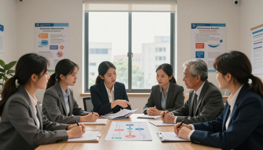 A serene office setting depicting the theme of social protection. In the foreground, a diverse group of professionals in business attire gathered around a large table, discussing plans and sharing documents. One person points to a visual representation of social coverage options. In the middle, a large window allows natural light to flow in, illuminating the room, while informative posters illustrating concepts like unemployment benefits and retirement plans are subtly displayed on the walls. The background features a peaceful cityscape view through the window, adding depth to the scene. The overall atmosphere is collaborative and focused, emphasizing the importance of social protection for independent professionals. Soft, warm lighting enhances the inviting mood while maintaining professionalism. A serene office setting depicting the theme of social protection. In the foreground, a diverse group of professionals in business attire gathered around a large table, discussing plans and sharing documents. One person points to a visual representation of social coverage options. In the middle, a large window allows natural light to flow in, illuminating the room, while informative posters illustrating concepts like unemployment benefits and retirement plans are subtly displayed on the walls. The background features a peaceful cityscape view through the window, adding depth to the scene. The overall atmosphere is collaborative and focused, emphasizing the importance of social protection for independent professionals. Soft, warm lighting enhances the inviting mood while maintaining professionalism.