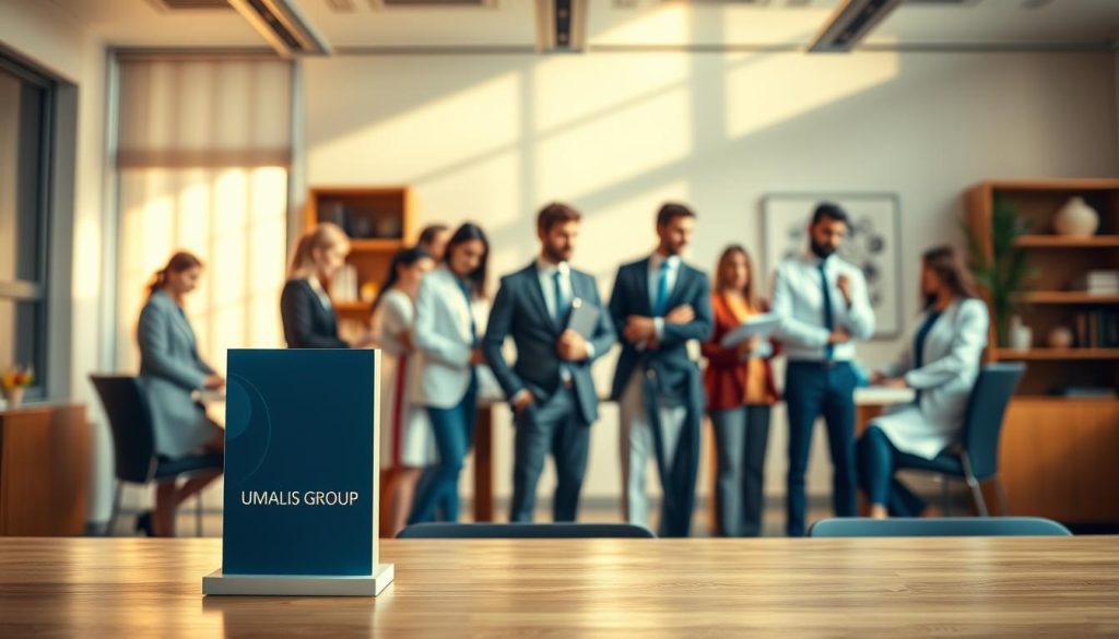 A serene office setting featuring a diverse array of "professions libérales réglementées" - lawyers, doctors, accountants, and other skilled professionals. The scene is bathed in warm, natural lighting, creating a professional yet inviting atmosphere. In the foreground, a Umalis Group logo stands prominently, symbolizing the cohesion and expertise of these regulated liberal professions. The middle ground showcases individuals engaged in their specialized tasks, their body language and facial expressions conveying dedication and expertise. In the background, a bookshelf and subtle decorative elements suggest an environment of scholarly pursuit and erudition. The overall composition conveys the defined roles, specialized knowledge, and ethical standards that define these regulated liberal professions.