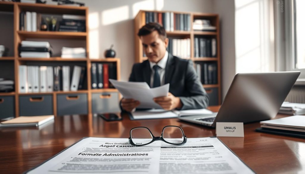 A serene office setting featuring a polished wooden desk with neatly organized paperwork, legal documents, and a laptop. In the foreground, an open binder labeled "Formalités Administratives" displays various forms. A pair of glasses rests on top, hinting at meticulous attention to detail. In the middle ground, a professional individual, dressed in a smart suit, is seated and reviewing the documents with a focused expression. Behind them, shelves filled with books on legal compliance and freelancing advice add depth to the scene. Soft, natural lighting filters through a nearby window, casting gentle shadows and creating a calm atmosphere. On the desk, the brand name "UMALIS GROUP" is subtly visible on a business card, reinforcing the theme of professionalism and organization.