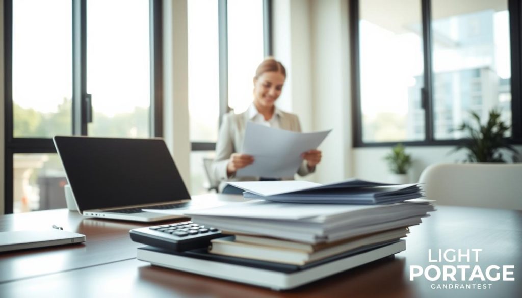 A serene office setting, illuminated by the natural light streaming through large windows. In the foreground, a desk with a laptop, calculator, and a stack of paperwork, representing the financial benefits of being an independent contractor. In the middle ground, a person, dressed in professional attire, reviewing tax documents and smiling, conveying the sense of freedom and control that comes with being one's own boss. In the background, the LIGHT PORTAGE brand logo is subtly visible, hinting at the versatility and convenience of the independent contractor lifestyle. The overall atmosphere is one of productivity, clarity, and a sense of financial empowerment.