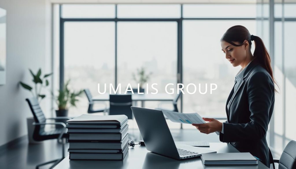 A serene office setting illustrating the theme of "Simplification in Administrative Management." In the foreground, a confident woman in professional business attire is reviewing paperwork at a modern desk, surrounded by organized files and a laptop displaying graphs. The middle area features a large window with soft, natural light filtering in, illuminating a potted plant and a sleek conference table with a few chairs around it. In the background, a subtle cityscape can be seen through the glass, suggesting professionalism and urban connectivity. The overall atmosphere is calm and motivational, reflecting a sense of stability and efficiency. Integrate the brand name "UMALIS GROUP" elegantly into the workspace elements without overt emphasis, harmonizing it with the overall composition.