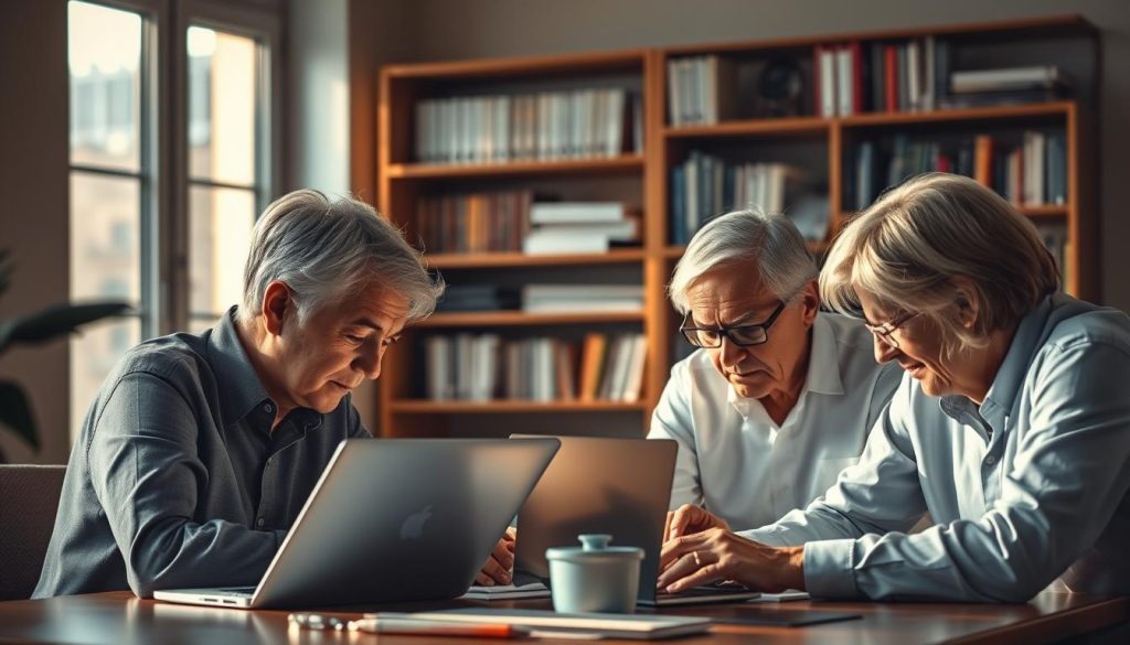 A serene office setting showcases a team of experienced LIGHT PORTAGE professionals, their silver-haired heads bent over laptops, immersed in their work. Warm, diffused lighting filters through large windows, casting a gentle glow on the faces of these senior consultants as they navigate the intricacies of contract negotiation and client management. In the background, a bookshelf filled with industry journals and reference materials hints at their wealth of knowledge and expertise. This tranquil scene highlights the valuable role that seasoned professionals play in the LIGHT PORTAGE ecosystem, providing a personalized, high-quality service to their clients.