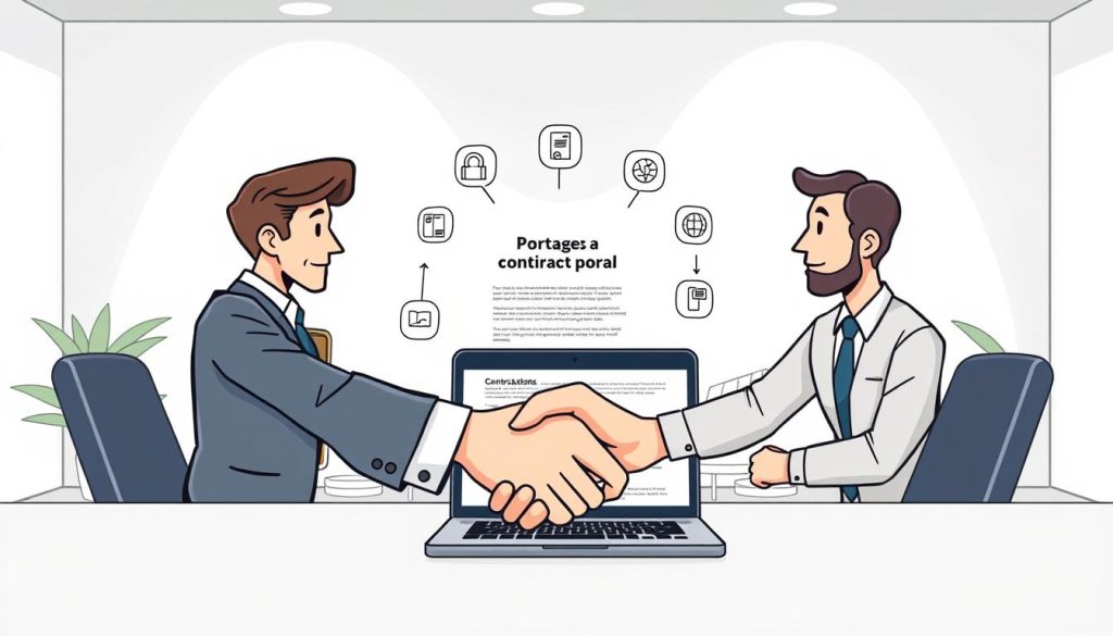 A serene office setting showcases a triple contractual relationship between a client, a freelancer, and a portage salarial service provider. In the foreground, a professional handshake symbolizes the agreement, with the freelancer's portfolio and the service provider's logo prominent. The middle ground features a laptop displaying the contractual terms, surrounded by stylized icons representing the key elements of portage salarial. In the background, a minimalist, well-lit workspace conveys a sense of efficiency and professionalism, complementing the overall tone of the image.