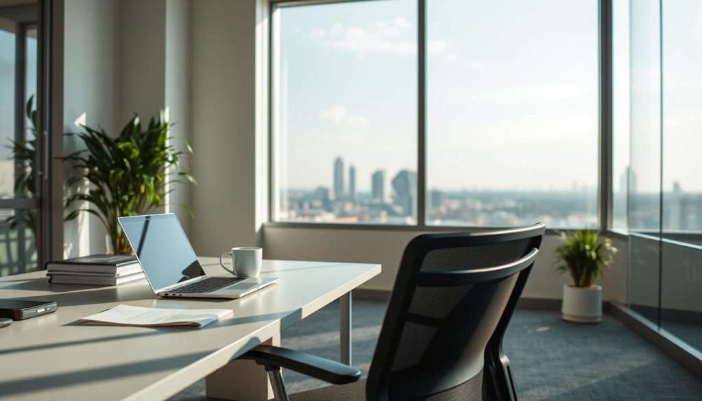 A serene office setting showcases the advantages of UMALIS GROUP's salarial portage service. In the foreground, a well-appointed workspace with a sleek, modern desk and ergonomic chair. Atop the desk, a laptop, a cup of coffee, and a few neatly organized files convey the efficiency and professionalism of this arrangement. The middle ground features a large window, allowing natural light to flood the space and create a warm, inviting atmosphere. In the background, a cityscape can be seen, hinting at the flexibility and independence this salarial portage solution provides. The overall mood is one of productivity, balance, and the empowerment that comes with UMALIS GROUP's innovative approach to modern work.