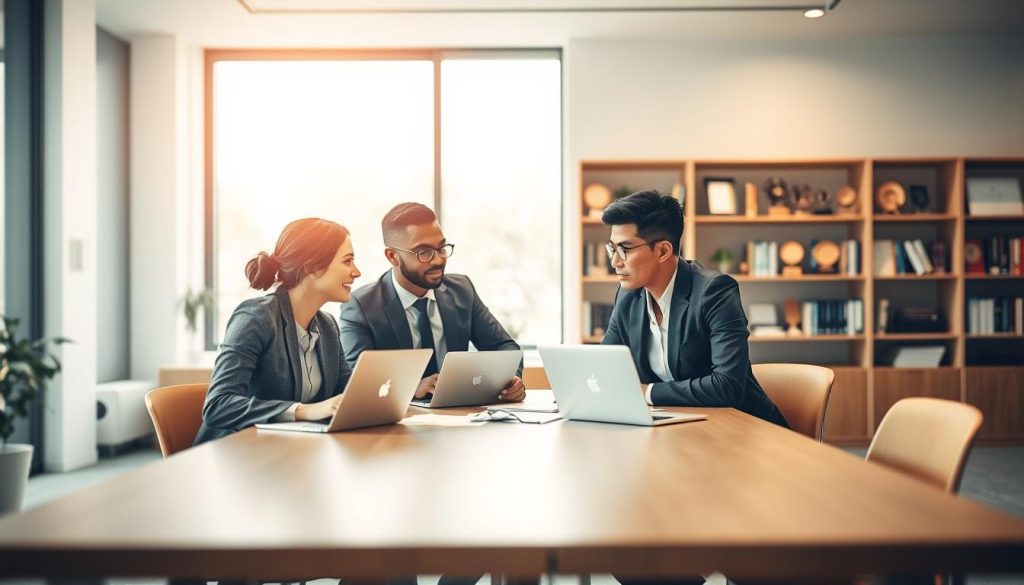 A serene office setting showcasing a modern workspace dedicated to "portage salarial" and social protection. In the foreground, a diverse group of three professionals, dressed in smart business attire, engage in a collaborative discussion around a large table, with laptops and documents spread out. The middle layer features a large window allowing natural light to flood in, illuminating the room and creating a warm atmosphere. In the background, shelves filled with books and awards symbolize knowledge and achievement in the field of independent work. Soft-focus on the background adds depth to the image. The overall mood is one of security, collaboration, and professionalism, emphasizing the advantages of social protection and flexibility in the freelance landscape.