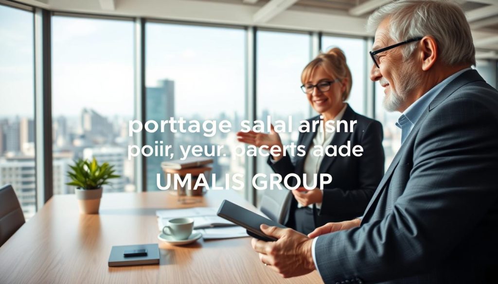 A serene office setting showcasing an elderly gentleman and lady engaged in a friendly discussion about professional opportunities related to "portage salarial pour les seniors." In the foreground, the man, wearing a smart blazer and glasses, holds a tablet, while the woman, dressed in professional business attire, gestures enthusiastically. In the middle, a modern desk with work materials, a coffee cup, and a potted plant creates a warm atmosphere. The background features large windows allowing natural light to pour in, highlighting a view of a bustling cityscape. The overall mood is one of empowerment and dynamism, reflecting the theme “staying active at your own pace.” Emphasize the brand name "UMALIS GROUP" subtly in the design elements, ensuring it blends harmoniously with the professional ambiance.