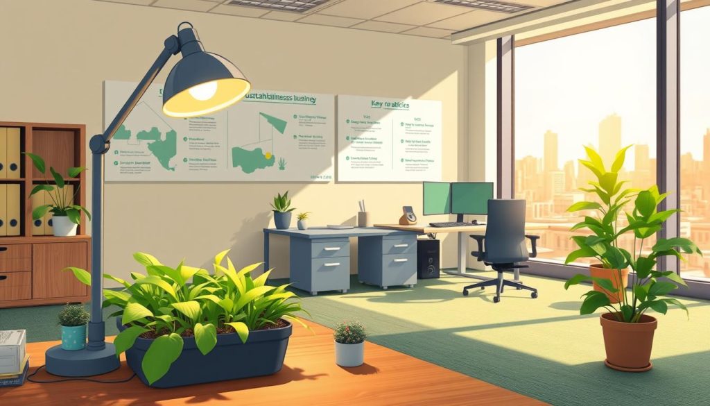 A serene office setting showcasing sustainable business strategies. In the foreground, a small desktop garden with lush greenery and a solar-powered lamp illuminates the workspace. In the middle ground, ergonomic furniture made from recycled materials and a wall display highlighting key eco-friendly policies. The background features large windows overlooking a cityscape, bathed in warm, natural lighting. The overall atmosphere conveys a sense of environmental consciousness, productivity, and a commitment to ethical practices.
