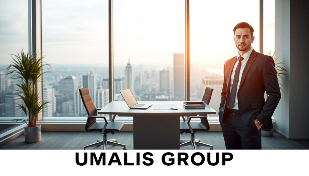 A serene office setting showcasing the benefits of the "UMALIS GROUP" employee status. In the foreground, a professional-looking individual stands confidently, dressed in a well-tailored suit, symbolizing the security and professionalism of the salaried position. The middle ground features a sleek, modern desk with a laptop, documents, and other office accoutrements, hinting at the administrative and financial advantages of the salaried role. The background depicts a panoramic window overlooking a bustling city skyline, conveying the sense of freedom and opportunity that the salaried status can provide. Soft, warm lighting illuminates the scene, creating a welcoming and aspirational atmosphere.