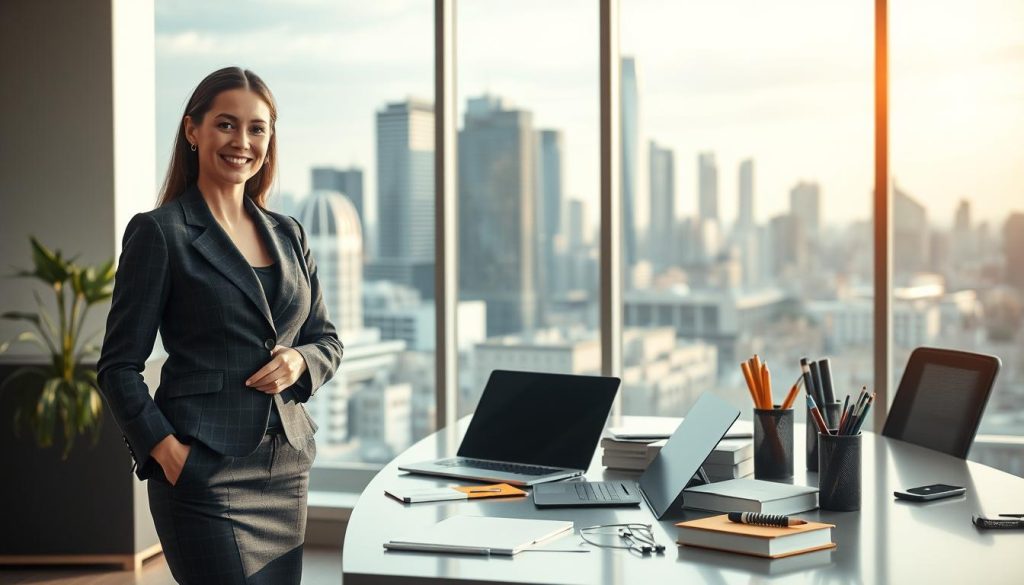 A serene office setting showcasing the conditions of a temporary staffing mission. In the foreground, a professional-looking woman in business attire stands confidently, conveying the expertise of the UMALIS GROUP. The middle ground features a laptop, tablet, and other office supplies, symbolizing the administrative aspects of the mission. In the background, a city skyline with modern high-rise buildings reflects the dynamic nature of the temporary staffing industry. Soft, natural lighting illuminates the scene, creating a sense of professionalism and competence. The overall mood is one of efficiency, organization, and the successful execution of a temporary staffing mission.