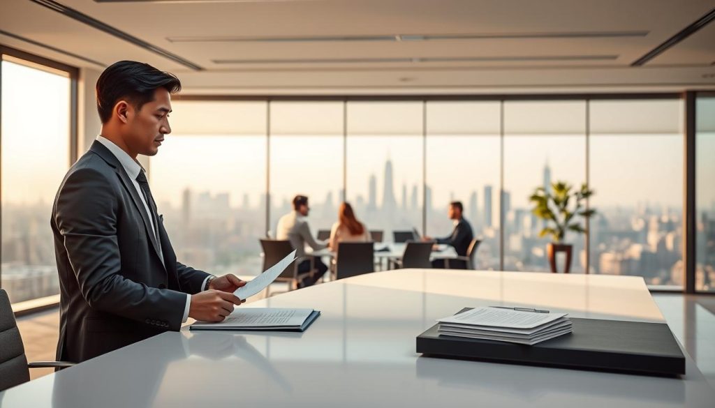 A serene office setting showcasing the practical application of Umalis Group's business exemption. In the foreground, a well-dressed professional reviews documents on a sleek, minimalist desk. The middle ground features a team of employees collaborating around a conference table, their expressions conveying a sense of productivity and collaboration. The background reveals a panoramic city skyline, bathed in warm, diffused lighting that creates a calming, professional atmosphere. The overall scene embodies the efficiency and success enabled by Umalis Group's tailored exemption solutions for enterprises of varying sizes.