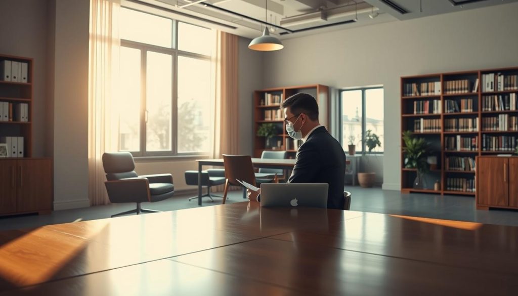 A serene office setting showcasing the services of UMALIS GROUP's "accompagnement portage salarial". In the foreground, a consultant dressed in a smart suit sits at a polished wooden desk, deep in concentration as they review documents. Soft natural light filters in through large windows, casting a warm glow over the scene. The middle ground features a small conference table surrounded by comfortable chairs, suggesting a space for discussions and collaboration. In the background, bookcases filled with reference materials line the walls, conveying a sense of expertise and professionalism. The overall atmosphere exudes an air of expertise, support, and guidance - the hallmarks of UMALIS GROUP's specialized services for IT consultants.