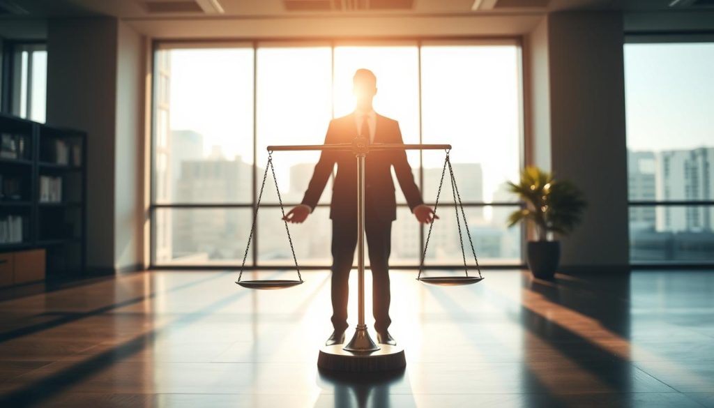 A serene office setting, where a professional in a suit stands in the center, balancing a scale in their hands. The scale symbolizes the equilibrium between employee status and the freedom of independent work. Warm, natural lighting filters in through large windows, casting a contemplative mood. In the background, the Umalis Group logo is discreetly displayed, representing the company's role in supporting this balance. The composition emphasizes the thoughtful, introspective nature of finding harmony between traditional employment and the autonomy of self-employment.