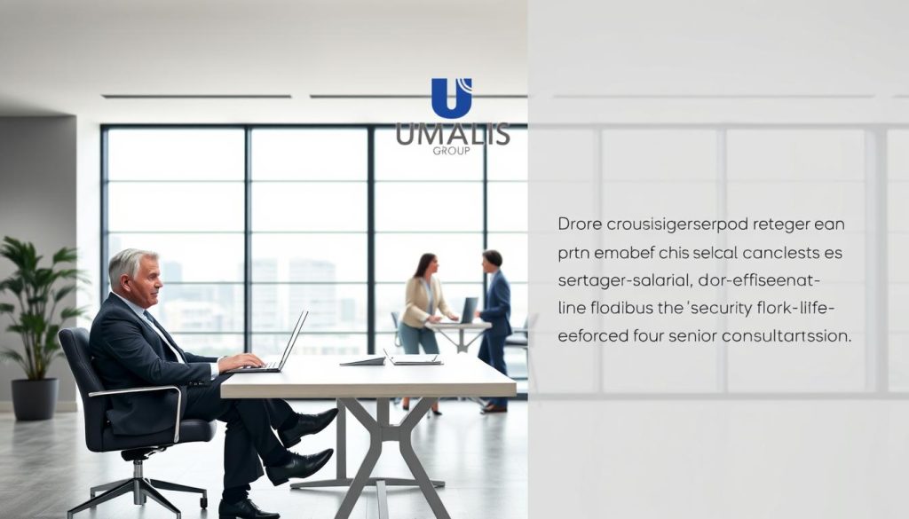 A serene office setting with a UMALIS GROUP logo prominently displayed. In the foreground, a middle-aged consultant sits comfortably at a minimalist desk, working on a laptop with a peaceful expression. The mid-ground features two other consultants engaged in a collaborative discussion, highlighting the supportive professional environment. The background showcases a wall of floor-to-ceiling windows, allowing natural light to flood the space and creating a sense of openness and transparency. The overall tone is one of security, flexibility, and work-life balance, embodying the advantages of the "portage salarial" system for senior consultants.