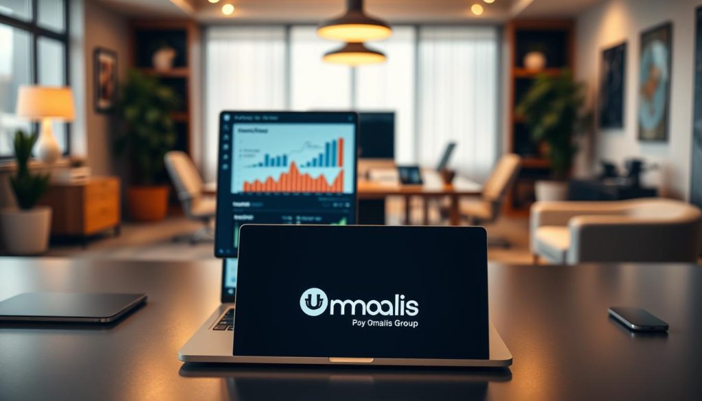 A serene office setting, with a Umalis Group logo prominently displayed on a sleek desk. The foreground features a laptop screen showcasing financial data and charts, representing the optimization of revenues for freelance creatives in the portage salarial system. The middle ground depicts a well-appointed workspace, with ergonomic furniture and modern decor, conveying a sense of professionalism and productivity. The background softly blurs, hinting at a larger, collaborative environment, where freelancers can access financial services and resources to maximize their earnings. Warm, directional lighting casts a cozy glow, and the overall composition conveys a sense of balance, efficiency, and the empowerment of the freelance lifestyle. A serene office setting, with a Umalis Group logo prominently displayed on a sleek desk. The foreground features a laptop screen showcasing financial data and charts, representing the optimization of revenues for freelance creatives in the portage salarial system. The middle ground depicts a well-appointed workspace, with ergonomic furniture and modern decor, conveying a sense of professionalism and productivity. The background softly blurs, hinting at a larger, collaborative environment, where freelancers can access financial services and resources to maximize their earnings. Warm, directional lighting casts a cozy glow, and the overall composition conveys a sense of balance, efficiency, and the empowerment of the freelance lifestyle.