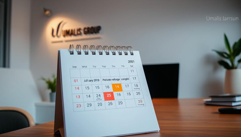 A serene office setting, with a calendar prominently displayed on a wooden desk. The calendar pages show the "période référence congés" (reference period for holidays), highlighted with a soft, warm light illuminating the workspace. In the background, the Umalis Group logo subtly adorns the wall, signifying the professional context. The composition conveys a sense of organization and attention to detail, reflecting the importance of understanding one's rights to paid leave in France.