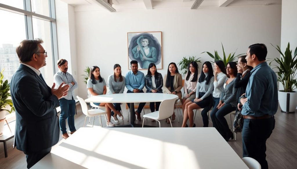 A serene office setting with a calm, professional atmosphere. In the foreground, a person in a suit engaged in active listening, their body language and facial expression conveying empathy and attention. Surrounding them, Umalis Group colleagues in casual wear, gathered in a circular formation, participating in a thoughtful discussion. Natural light filters in through large windows, casting a warm glow and creating soft shadows. The middle ground features a minimalist, modern conference table and chairs, encouraging open communication. In the background, abstract wall art and potted plants add visual interest, reflecting the company's commitment to a harmonious work environment during this transition period. A serene office setting with a calm, professional atmosphere. In the foreground, a person in a suit engaged in active listening, their body language and facial expression conveying empathy and attention. Surrounding them, Umalis Group colleagues in casual wear, gathered in a circular formation, participating in a thoughtful discussion. Natural light filters in through large windows, casting a warm glow and creating soft shadows. The middle ground features a minimalist, modern conference table and chairs, encouraging open communication. In the background, abstract wall art and potted plants add visual interest, reflecting the company's commitment to a harmonious work environment during this transition period.