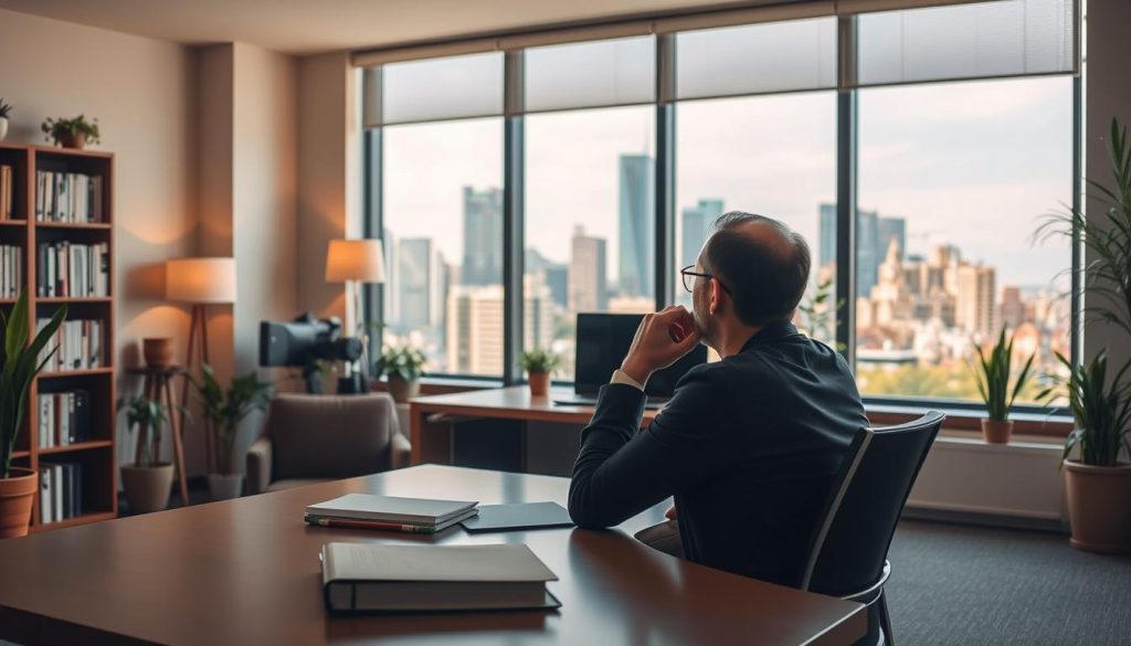 A serene office setting with a cozy, inviting atmosphere. In the foreground, a person sits at a well-organized desk, deep in thought, reflecting on their successful experience with LIGHT PORTAGE's salaried portage services. The middle ground features a large window overlooking a vibrant city skyline, symbolizing the flexibility and opportunities that salaried portage has provided. The background is filled with bookshelves and potted plants, creating a sense of professionalism and work-life balance. The lighting is soft and warm, evoking a feeling of contentment and fulfillment. The overall scene conveys the testimonials of triumph and satisfaction that LIGHT PORTAGE's clients have found in their salaried portage journey.