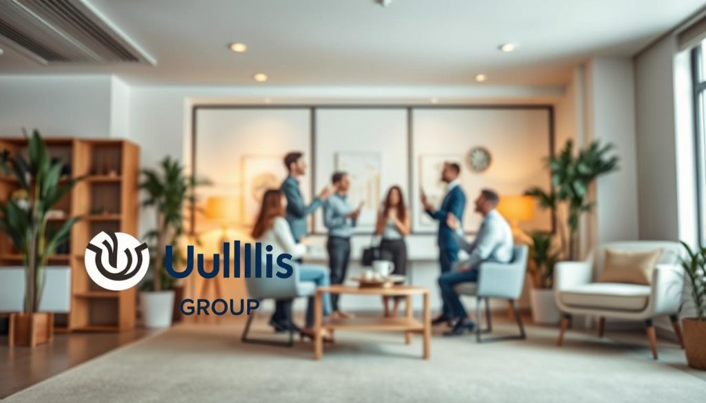A serene office setting with a cozy, welcoming atmosphere. In the foreground, a stylized illustration depicts the "Umalis Group" logo, representing the company's support for social security benefits in the context of portable employment. In the middle ground, a group of professionals engage in productive discussions, gesturing towards visual representations of retirement planning and social contributions. The background features a warm, softly-lit interior with minimalist decor, conveying a sense of financial security and work-life balance. The overall scene embodies the advantages of social protection within the portable employment framework.