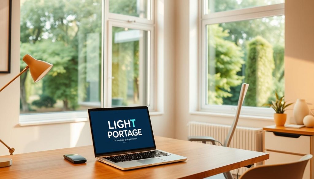 A serene office setting with a desk, chair, and computer setup. On the desk, a laptop displays the LIGHT PORTAGE brand logo, showcasing the advantages of professional portage. The room is bathed in warm, natural lighting, creating a comfortable and productive atmosphere. The walls feature minimalist, modern decor, reflecting the efficiency and organization associated with the portage salarial concept. In the background, a large window overlooks a lush, verdant outdoor scene, symbolizing the work-life balance and flexibility that independent professionals can enjoy through the LIGHT PORTAGE service.