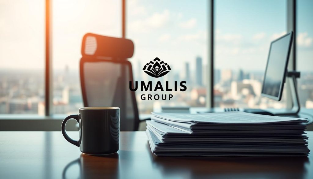 A serene office setting with a desk, chair, and computer. In the foreground, a stack of documents and a coffee mug, symbolizing the benefits of paid leave. The middle ground features a UMALIS GROUP logo, representing the portage salarial company. The background showcases a panoramic view of a city skyline, conveying a sense of professional opportunity and growth. The lighting is soft and natural, creating a calming and productive atmosphere. The overall composition highlights the harmonious balance between work responsibilities and personal well-being.
