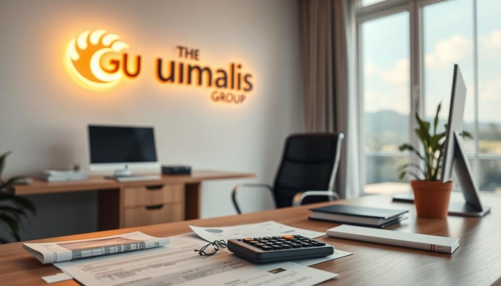 A serene office setting with a desk, chair, and computer. The Umalis Group logo is prominently displayed on the wall, casting a warm glow. In the foreground, financial documents and a calculator symbolize the optimization of remuneration. Soft lighting creates a calming atmosphere, while the middle ground features a potted plant, representing the preparation for time off. The background showcases a window with a scenic view, hinting at the benefits of a balanced work-life dynamic. The overall composition conveys a sense of productivity, efficiency, and the thoughtful management of one's compensation and leave. A serene office setting with a desk, chair, and computer. The Umalis Group logo is prominently displayed on the wall, casting a warm glow. In the foreground, financial documents and a calculator symbolize the optimization of remuneration. Soft lighting creates a calming atmosphere, while the middle ground features a potted plant, representing the preparation for time off. The background showcases a window with a scenic view, hinting at the benefits of a balanced work-life dynamic. The overall composition conveys a sense of productivity, efficiency, and the thoughtful management of one's compensation and leave.