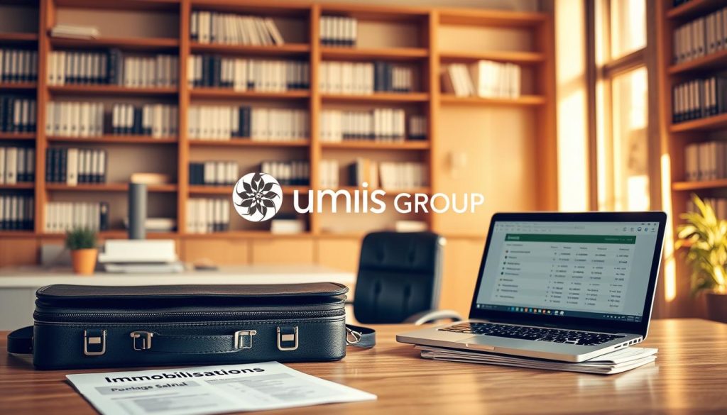 A serene office setting with a desk, ergonomic chair, and a laptop displaying financial calculations. In the foreground, a briefcase and documents labeled "Immobilisations" and "Portage Salarial" lie neatly organized. The middle ground showcases the Umalis Group logo, conveying professionalism and expertise. Warm, natural lighting filters through large windows, creating a calm and productive atmosphere. The background features bookshelves filled with financial resources, suggesting a knowledgeable and well-equipped environment. The overall scene exudes a sense of efficiency, optimization, and financial empowerment.