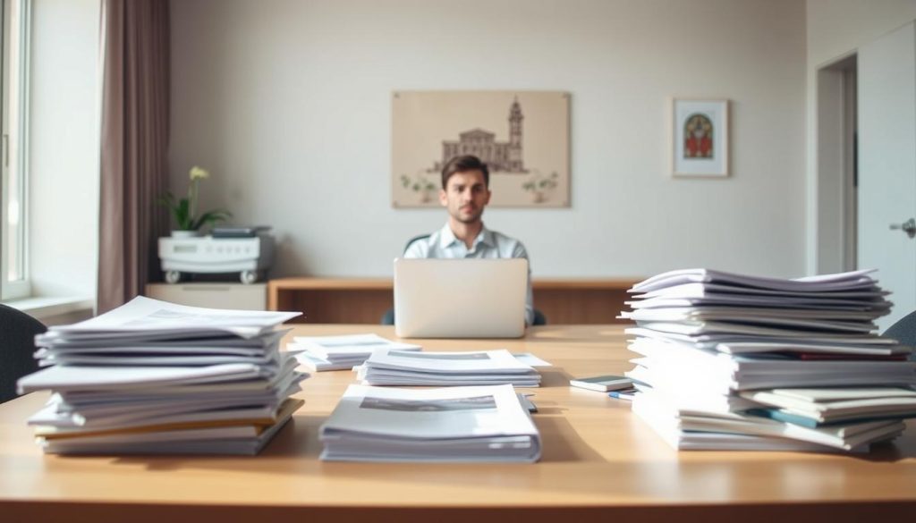 A serene office setting with a desk, laptop, and stacks of documents, representing the challenges of Portage Salarial. The desk is slightly cluttered, conveying the administrative complexities. Soft, natural lighting illuminates the scene, creating a contemplative mood. In the middle ground, a person sits pensively, pondering solutions. The background features a wall with minimalist decor, suggesting a professional environment. The composition emphasizes the interplay between the practical and strategic aspects of navigating Portage Salarial. Overall, the image reflects the thoughtful and systematic approach needed to address the nuances of this unique employment model.