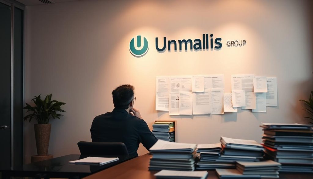 A serene office setting with a focus on the "Umalis Group" logo prominently displayed on the wall. In the foreground, a person sits at a desk, deep in thought, contemplating retirement and social security benefits. The middle ground features an array of documents and folders, representing the complexities of social protection and pension plans. The background showcases a warm, inviting atmosphere with muted colors and subtle lighting, evoking a sense of security and stability. The overall composition conveys the importance of understanding the nuances between salaried employment, freelance work, and the associated social and financial implications.