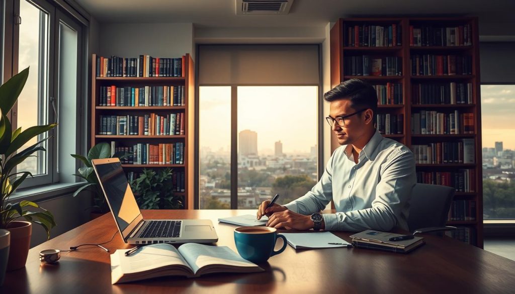 A serene office setting with a freelancer immersed in professional development strategies. In the foreground, a desk with a laptop, open notebooks, and a cup of coffee, bathed in warm, natural lighting from a nearby window. In the middle ground, bookcases filled with informative volumes on business, marketing, and personal growth. The background depicts a peaceful urban landscape, hinting at the freelancer's connection to the larger professional community. The overall mood is one of focus, ambition, and a commitment to continuous learning. Umalis Group.