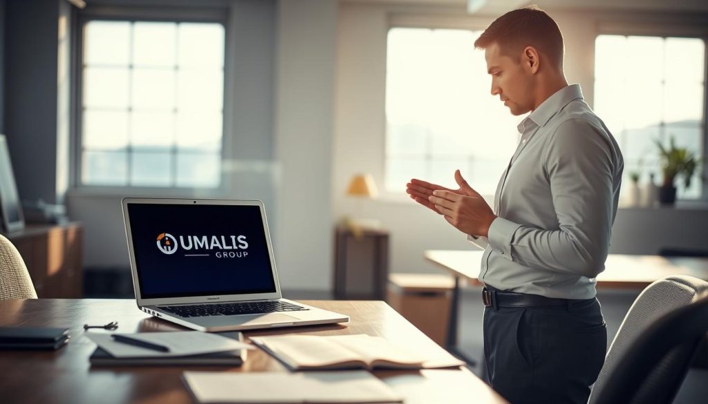A serene office setting with a laptop, papers, and a UMALIS GROUP logo prominently displayed. Soft, natural lighting filters through large windows, casting a warm glow on the scene. In the foreground, a professional-looking person in business attire stands, gesturing to the laptop screen, conveying the security and legal advantages of the UMALIS GROUP's salaried portage services for the enterprise. The background is subtly blurred, focusing the viewer's attention on the subject matter. The overall mood is one of professionalism, trust, and the benefits of the salaried portage solution.