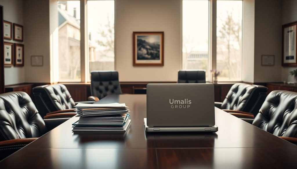 A serene office setting with a large table surrounded by plush leather chairs, illuminated by soft natural light streaming through tall windows. On the table, a stack of documents and a Umalis Group logo-emblazoned laptop, symbolizing the legal framework and administrative aspects of the salaried portage industry. The walls are adorned with framed certificates and awards, conveying the professionalism and credibility of the Umalis Group. The atmosphere is one of authoritative yet approachable expertise, capturing the essence of the "Cadre juridique portage salarial" section of the article.