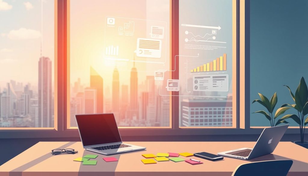 A serene office setting with a large window overlooking a bustling city skyline. In the foreground, a sleek and minimalist workspace with a laptop, a tablet, and an array of colorful sticky notes. Floating above the desk, holographic product designs and customer feedback data visualizations, hinting at the process of continuous innovation and customer engagement. Warm, natural lighting filters through the window, casting a soft glow on the scene. The overall atmosphere conveys a sense of focus, creativity, and a dedication to delivering exceptional customer experiences.