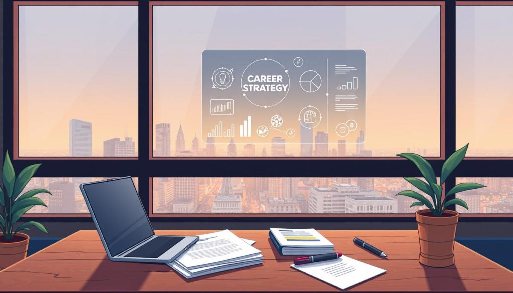 A serene office setting with a large window overlooking a bustling city skyline. In the foreground, a wooden desk holds various career-focused items - a laptop, a stack of papers, a pen, and a potted plant. The middle ground features a stylized, holographic display showcasing different career strategy icons and infographics. The background is softly lit, creating a warm and focused atmosphere. The overall scene conveys a sense of thoughtful, intentional career planning and growth.