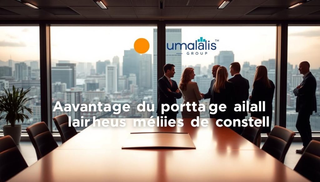 A serene office setting, with a large window overlooking a bustling city skyline. In the foreground, a team of professionals, dressed in business attire, engaged in a lively discussion around a sleek conference table, representing the "Avantages du portage salarial pour les métiers du conseil". The lighting is warm and inviting, casting a soft glow on the scene. In the background, the Umalis Group logo is prominently displayed, signifying the company's expertise in the field of professional services. The overall atmosphere conveys a sense of collaboration, productivity, and the advantages of the portage salarial model for consulting professionals.