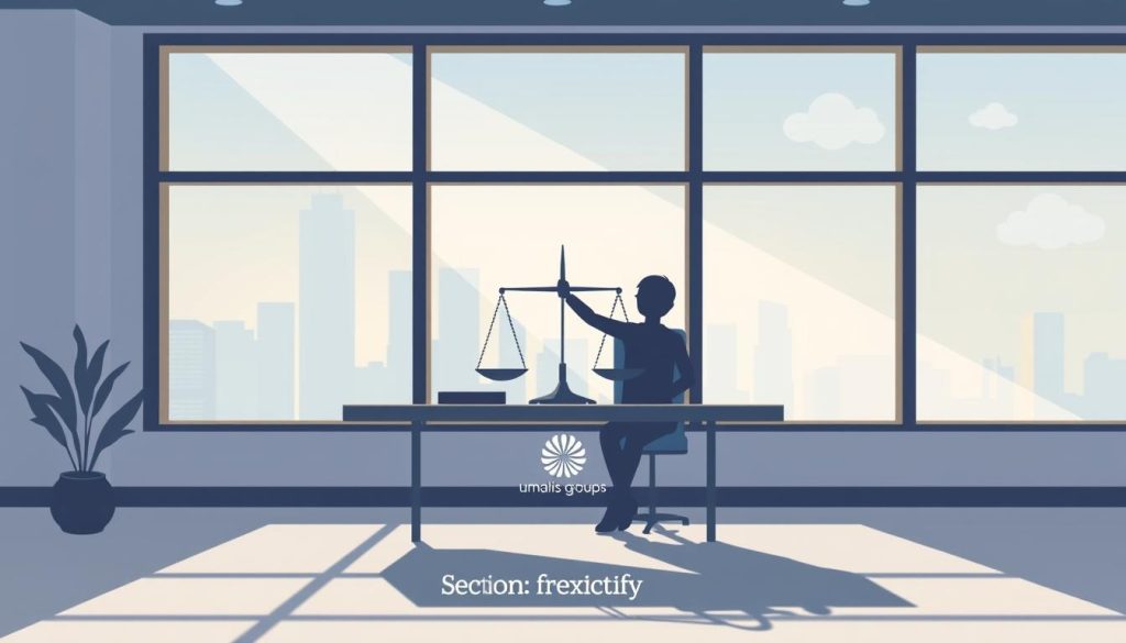 A serene office setting, with a large window overlooking a cityscape in the background. In the foreground, a professional figure sits at a minimalist desk, delicately balancing a scale - symbolizing the equilibrium between flexibility and accountability. Soft, directional lighting illuminates the scene, casting subtle shadows and highlighting the contemplative atmosphere. The Umalis Group logo is discreetly present, reinforcing the corporate context. This image conveys the essence of the section title, "Balancing Flexibility with Accountability for Enhanced Productivity".