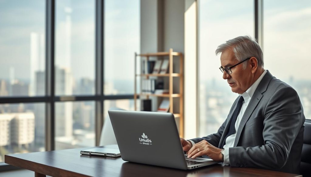 A serene office setting with a large window overlooking a cityscape, soft natural lighting filtering in. In the foreground, a well-dressed senior professional reviewing documents, deep in contemplation. On the desk, a Umalis Group branded laptop and tablet, symbolizing the use of their portage salarial services. In the middle ground, a bookshelf with industry-related literature. The background depicts a modern, minimalist interior design, conveying a sense of professionalism and expertise. The overall atmosphere is one of thoughtful consideration, reflecting the practical rules and compliance aspects of combining employment and retirement through Umalis Group's portage salarial solution.