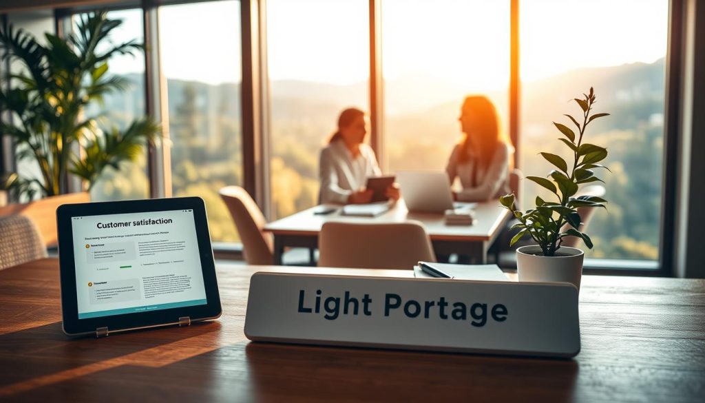 A serene office setting with a large window overlooking a picturesque natural landscape. In the foreground, a wooden desk with the "Light Portage" brand nameplate showcases essential elements of customer satisfaction - a tablet displaying customer feedback, a pen and notebook for note-taking, and a plant symbolizing growth. The middle ground features a team of professional office workers collaborating, their body language and facial expressions conveying a sense of contentment and fulfillment. The background is bathed in warm, natural lighting, creating a calming and productive atmosphere.
