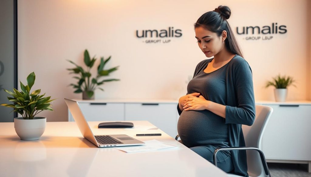 A serene office setting with a modern desk, sleek laptop, and a potted plant. The warm lighting casts a soft glow, creating a calming atmosphere. In the foreground, a pregnant woman sits at the desk, her hands cradling her belly as she reviews documents, embodying the concept of "durée congé maternité." The background features a minimalist wall decor with the Umalis Group logo, subtly highlighting the company's support for its employees during this important life transition.