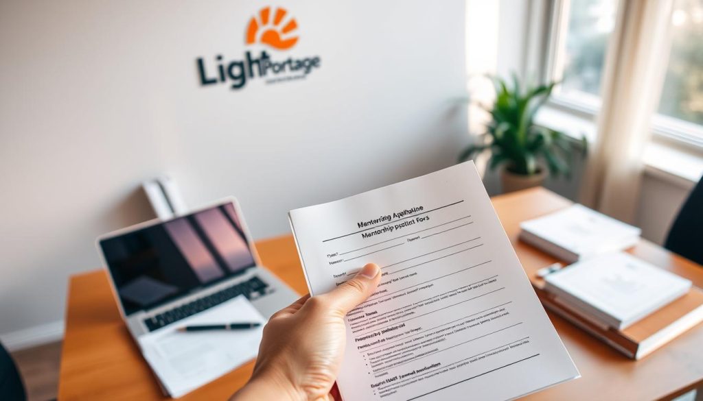 A serene office setting, with a neatly organized desk featuring a laptop, a stack of documents, and a pen. The background showcases a Light Portage logo on the wall, conveying a sense of professionalism and credibility. Warm, natural lighting from a nearby window creates a cozy, inviting atmosphere. In the foreground, a hand extends a mentorship application form, symbolizing the start of the application process. The scene exudes a sense of guidance, growth, and the pursuit of personal and professional development.