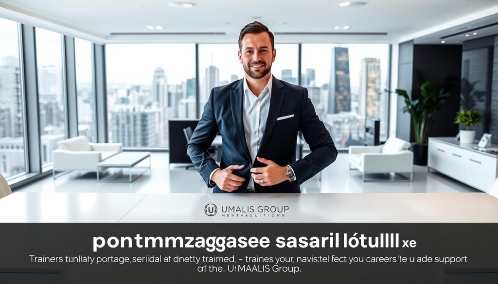 A serene office setting with a professional, well-dressed person standing confidently at a desk, surrounded by the UMALIS GROUP branding. The lighting is soft and flattering, creating a sense of authority and expertise. In the background, a modern, minimalist workspace with sleek furniture and large windows overlooking a bustling city skyline. The overall atmosphere conveys the reliability, security, and freedom associated with "portage salarial" for trainers, as they navigate their careers with the support of the UMALIS GROUP.