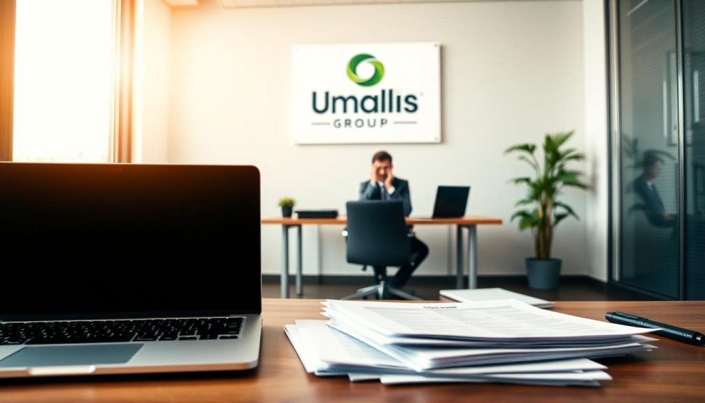 A serene office setting with a professional working environment. In the foreground, a laptop and documents symbolize the administrative aspects of "accompagnement ambitions portage salarial". In the middle ground, a person in a suit sits at a desk, deep in thought, representing the entrepreneurial ambitions being supported. The background features the Umalis Group logo, subtly conveying the brand's role in enabling these aspirations. Warm, natural lighting creates a sense of productivity and focus. Overall, the scene captures the essence of a salarial portage enterprise empowering its clients' business goals.