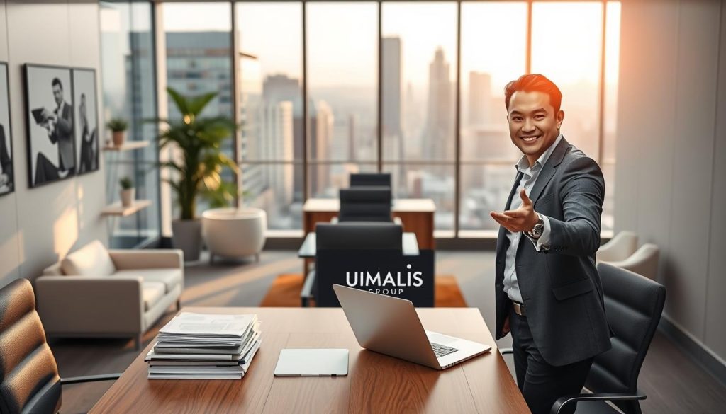 A serene office setting, with a professional yet inviting atmosphere. At the center, a stylish desk showcases the UMALIS GROUP logo, surrounded by stacks of documents and a sleek laptop. In the foreground, a smiling independent professional in smart casual attire gestures towards the desk, highlighting the benefits of the "portage salarial" solution. The middle ground features elegant office furnishings, creating a sense of productivity and success. The background depicts a modern, sunlit cityscape, conveying a vision of professional growth and financial stability. Soft, warm lighting and a muted color palette evoke a sense of comfort and trust.