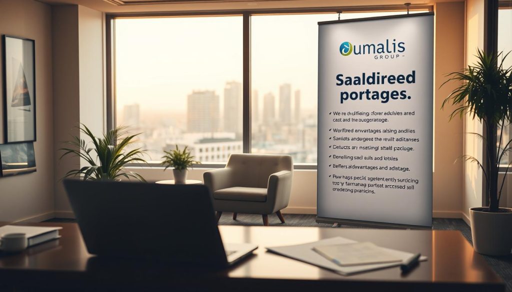 A serene office setting with a prominent display showcasing the Umalis Group brand. In the foreground, a desk with a laptop, coffee mug, and paperwork, symbolizing the administrative aspects of salaried portage. The middle ground features a comfortable chair and a potted plant, conveying the work-life balance and benefits associated with this employment model. The background depicts a large window overlooking a cityscape, hinting at the long-term advantages and social protections afforded by salaried portage. Warm, natural lighting illuminates the scene, creating a calming and professional atmosphere.