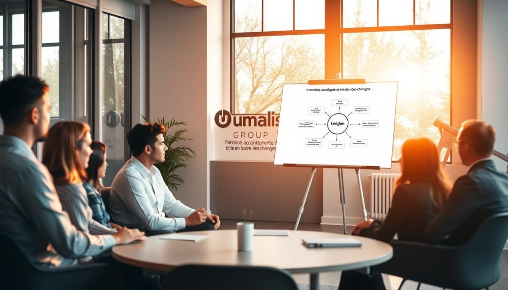 A serene office setting with a team of professionals engaged in a collaborative discussion. In the foreground, a group of individuals sit around a circular table, their faces illuminated by a warm, natural light pouring in through large windows. In the middle ground, a whiteboard stands prominently, showcasing a visual representation of the "Formation, accompagnement et mise en œuvre des changements" process. The background features the Umalis Group logo, conveying a sense of professionalism and expertise in guiding companies through periods of transition. A serene office setting with a team of professionals engaged in a collaborative discussion. In the foreground, a group of individuals sit around a circular table, their faces illuminated by a warm, natural light pouring in through large windows. In the middle ground, a whiteboard stands prominently, showcasing a visual representation of the "Formation, accompagnement et mise en œuvre des changements" process. The background features the Umalis Group logo, conveying a sense of professionalism and expertise in guiding companies through periods of transition.