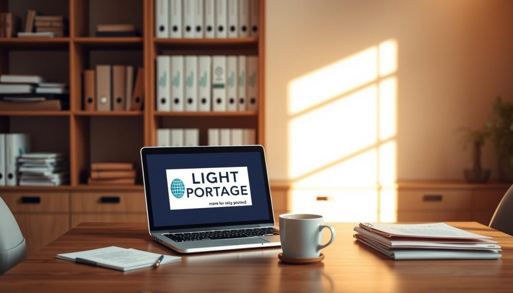 A serene office setting with a warm, natural lighting illuminating a wooden desk. On the desk, a laptop displaying the LIGHT PORTAGE logo, alongside a cup of coffee and a stack of documents. In the background, a bookshelf filled with financial reports and legal documents, symbolizing the financial security and legal protections provided by the social security system for consultants. The overall atmosphere conveys a sense of professionalism, reliability, and trust, reflecting the key aspects of "Sécurité Sociale et Garanties Financières" for consultants.