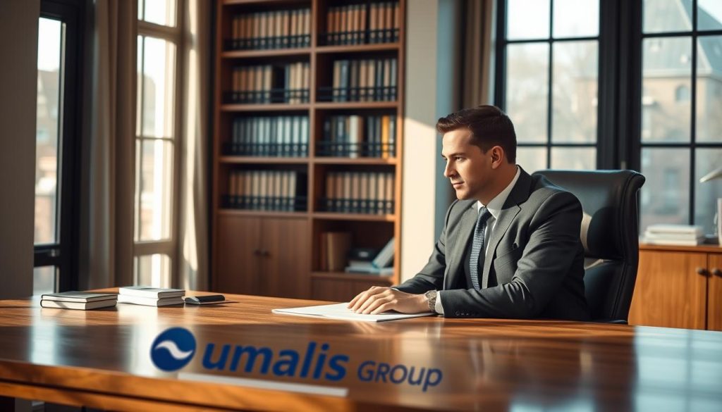 A serene office setting with a well-dressed professional sitting at a wooden desk, deep in contemplation. Soft, natural lighting filters through large windows, casting a warm glow across the scene. The desk is adorned with the Umalis Group logo, symbolizing the assurance and guidance they provide. In the background, a bookshelf filled with reference materials suggests a wealth of knowledge and expertise. The overall atmosphere conveys a sense of confidence, stability, and professionalism, reflecting the core principles of the French unemployment insurance system.